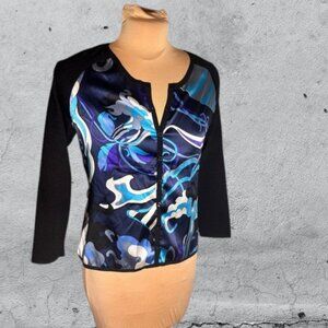 Emilio Pucci 100% Silk Blue/Black Print Front Button Front Cardigan Size 10
